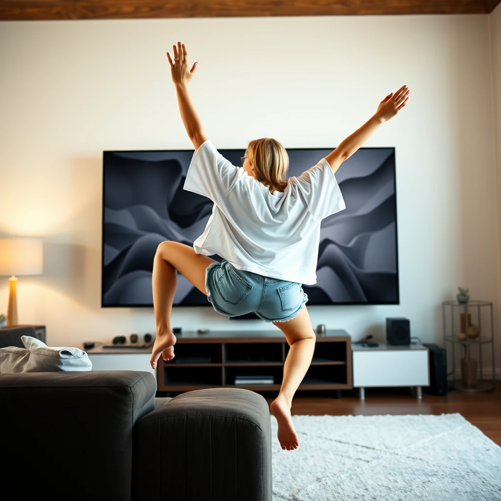 Side view angle of a skinny blonde woman who is in her massive living room wearing a massively oversized white t-shirt that is also very off balance on one of the sleeves, along with oversized light blue denim shorts. She is barefoot, facing her TV, and dives head first into it with both arms raised beneath her head and her legs high up in the air at a 60-degree angle, already halfway through the TV screen. - Image