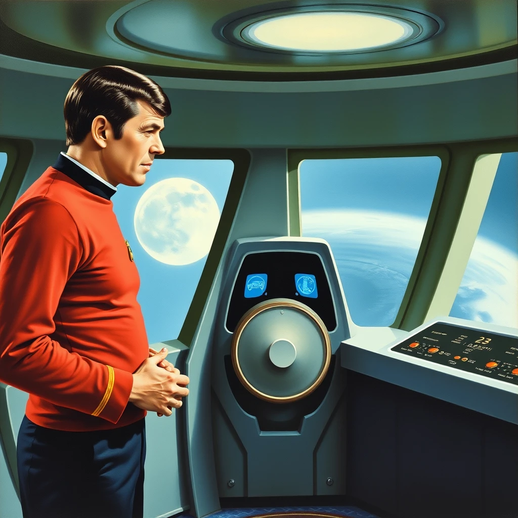 Captain Kirk talks with Mr. Spock on the bridge of the USS Enterprise, as painted by Arthur Sarnoff in 1965.