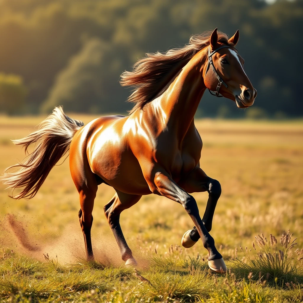 Majestic Thoroughbred stallion galloping at full speed across a sunlit meadow, muscles rippling beneath glossy chestnut coat. Hyper-realistic detail captures every hair, sweat droplet, and blade of grass. Dramatic lighting emphasizes power and grace. Evokes spirit of wild frontier.