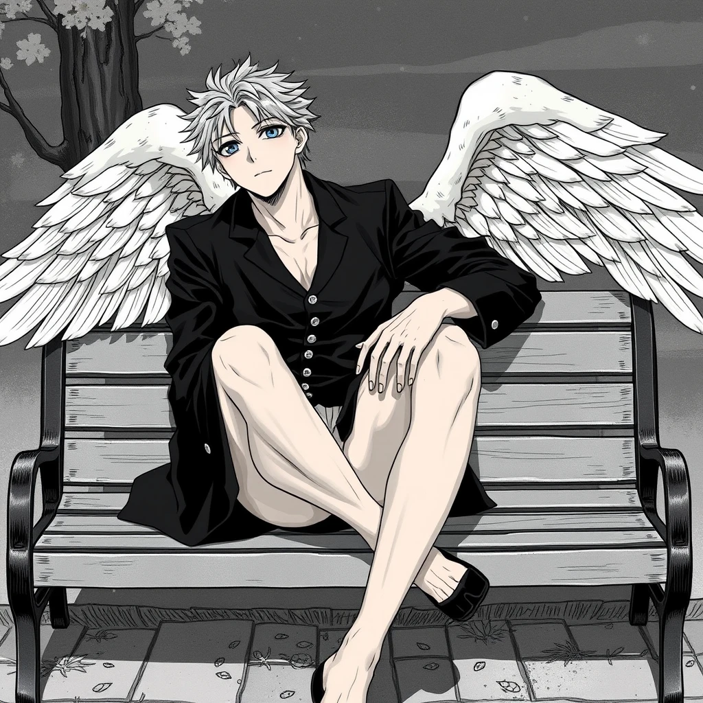 "Make Itadori Yuji from Jujutsu Kaisen in a position reminiscent of the painting The Fallen Angel by Alexandre Cabanel, while he is sitting on a bench. Do it in a manga version."