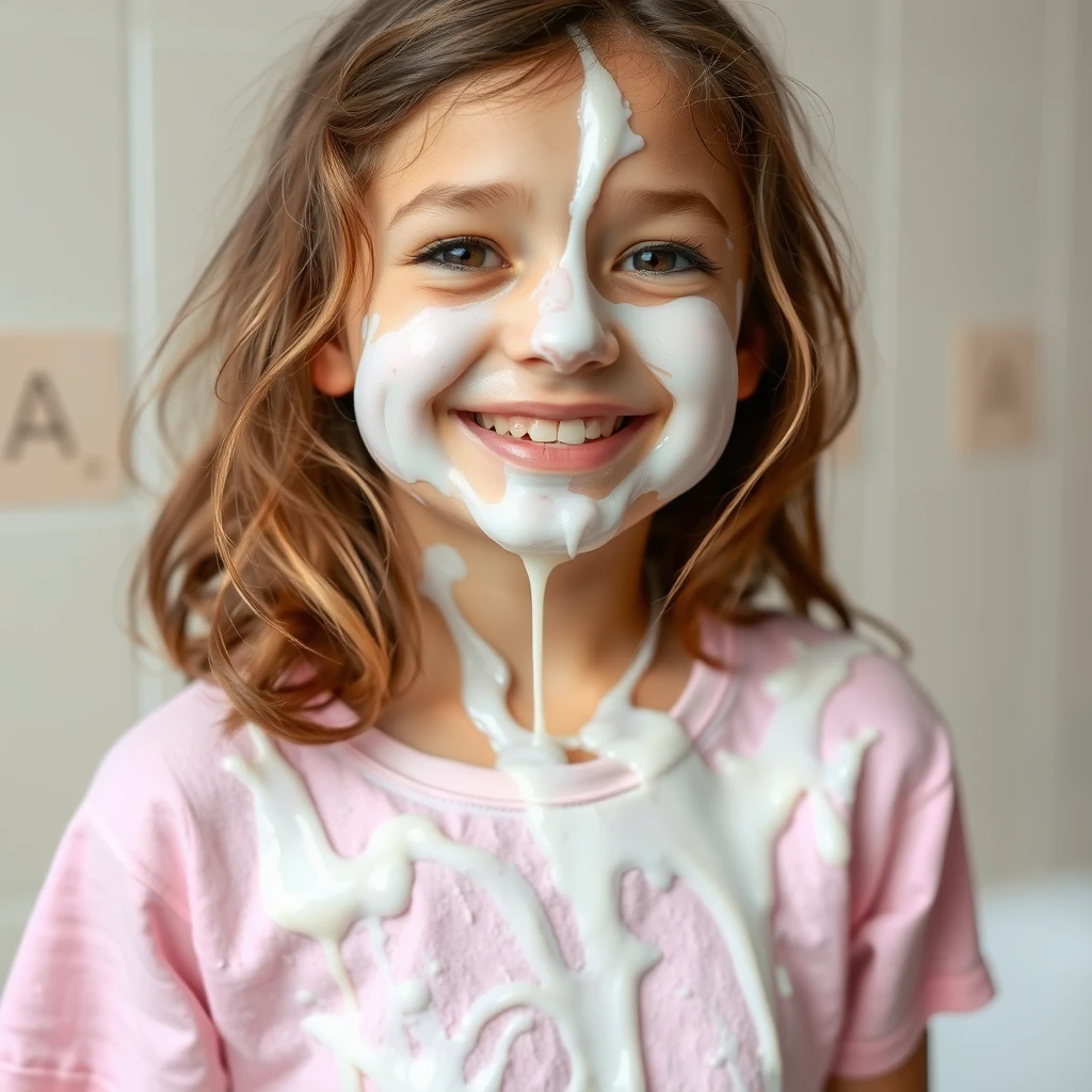 A girl smiles sheepishly after her brother accidentally spurts translucent skincare goo all over her face and hair. - Image