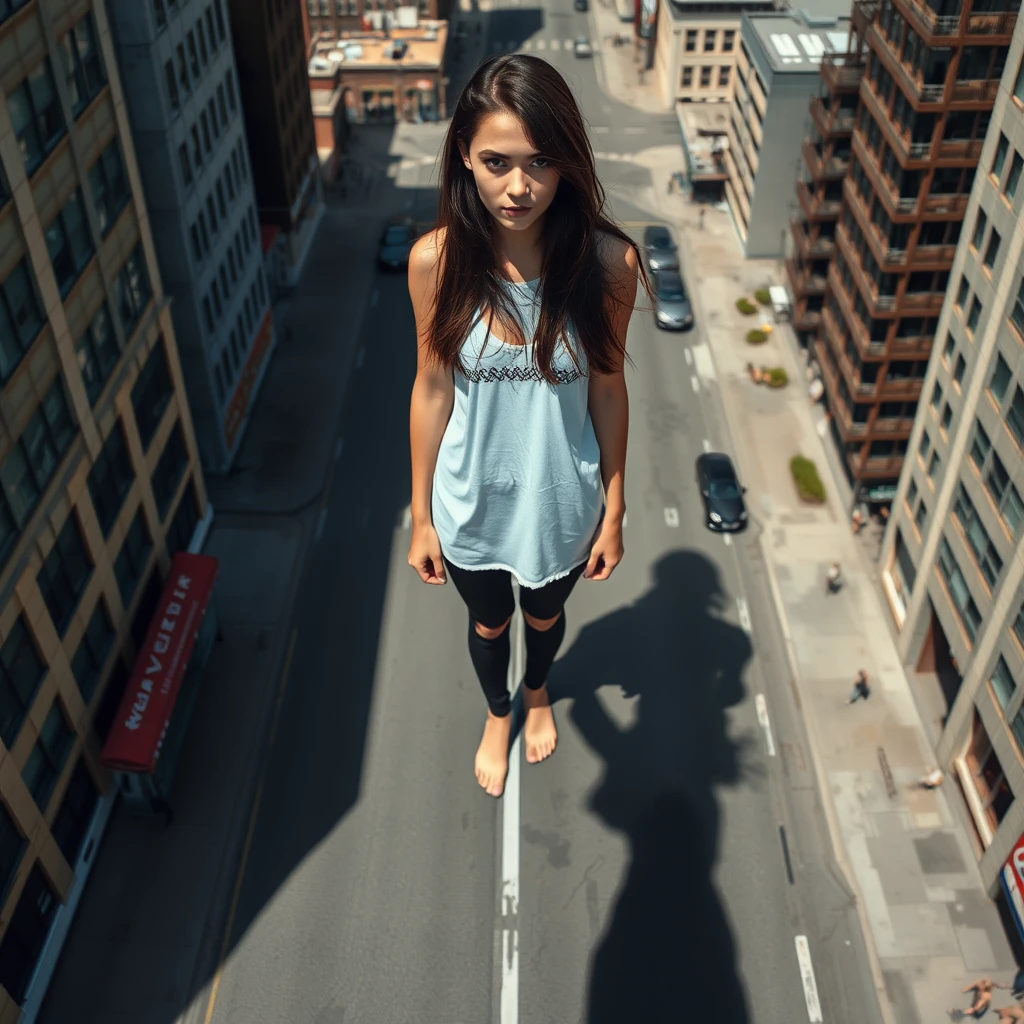 Aerial view, giant stunning goth teen girl standing barefoot in the city, realistic shadow.