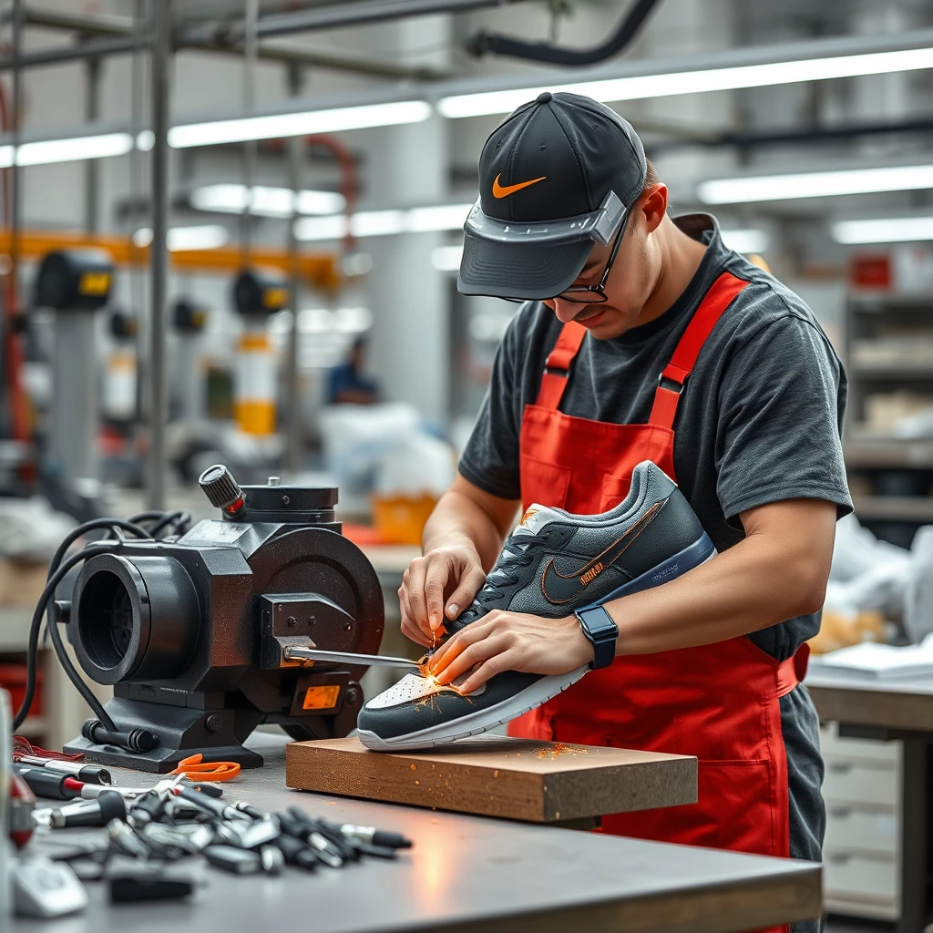 Cutting process in modern Nike factory shoes