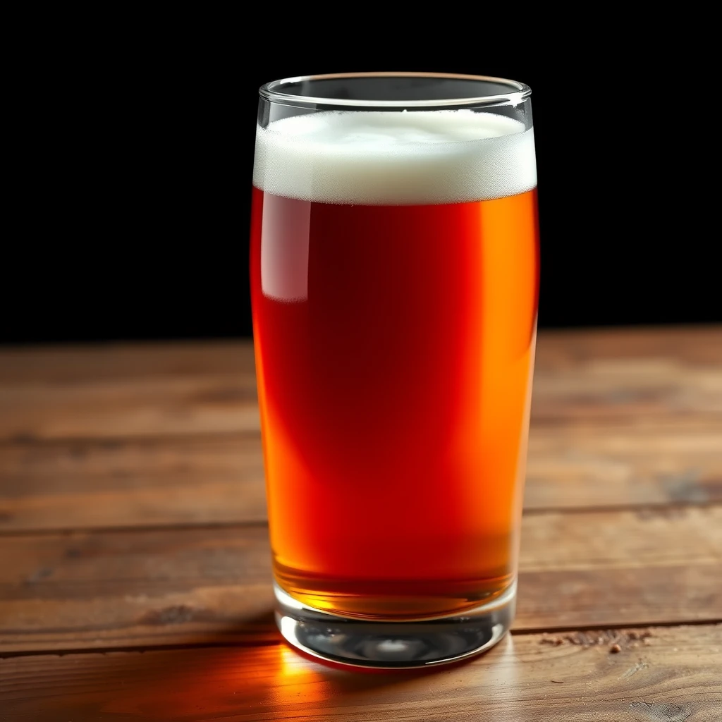 Photorealistic image of a glass of beer on a wooden table. Background is black.