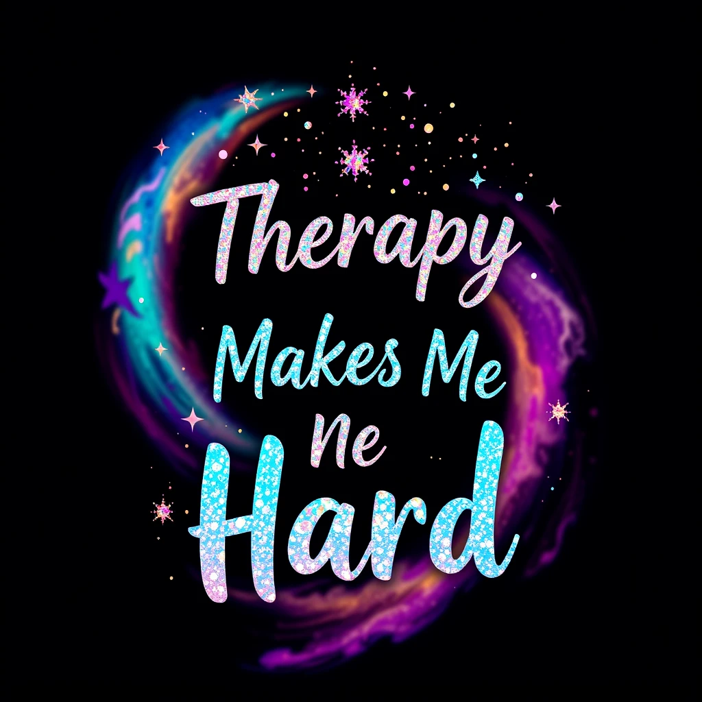 T-shirt design featuring fantastic vibrant glitter with an iridescent effect, accompanied by ethereal text that reads "Therapy Makes Me Hard," set against a backdrop of swirling vibrant colors and a colorful galaxy.