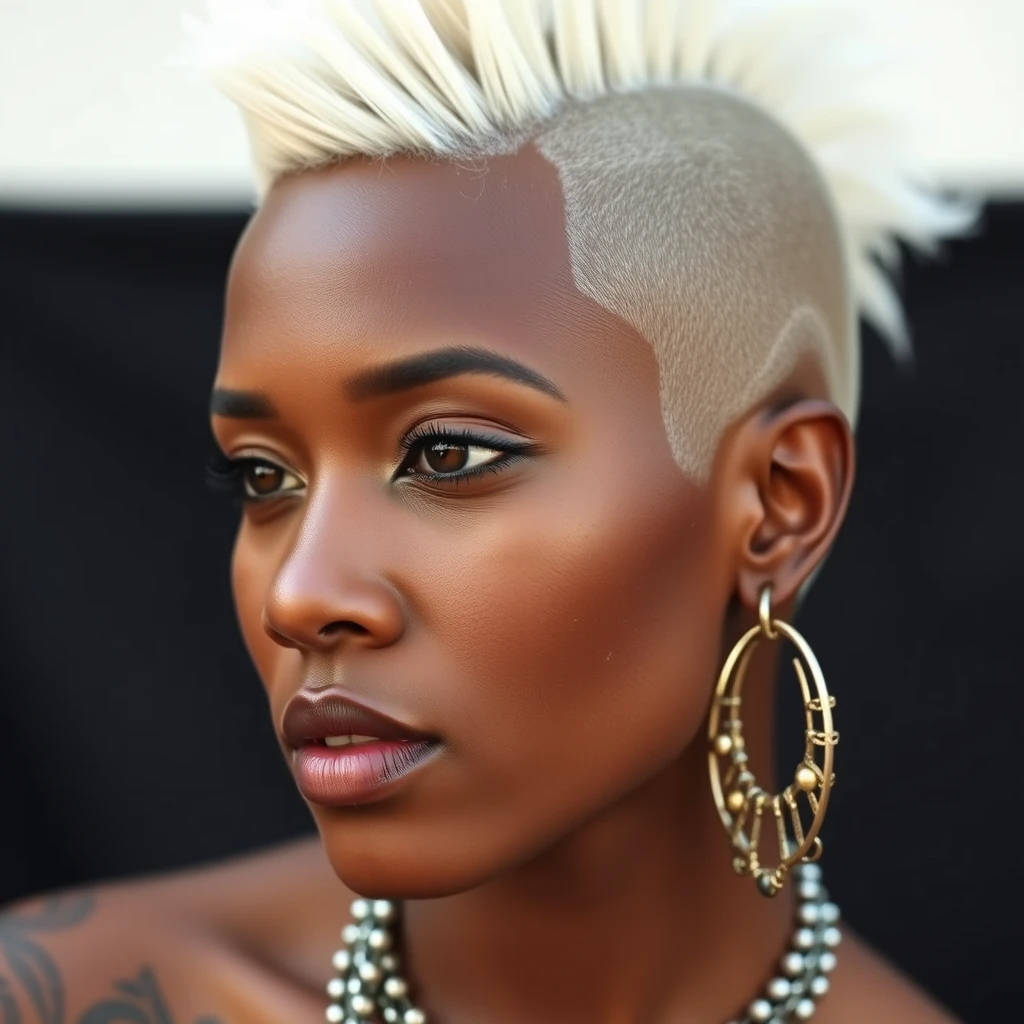 beautiful black woman, side shave, shaved head, white mohawk, nose rings, multiple earrings