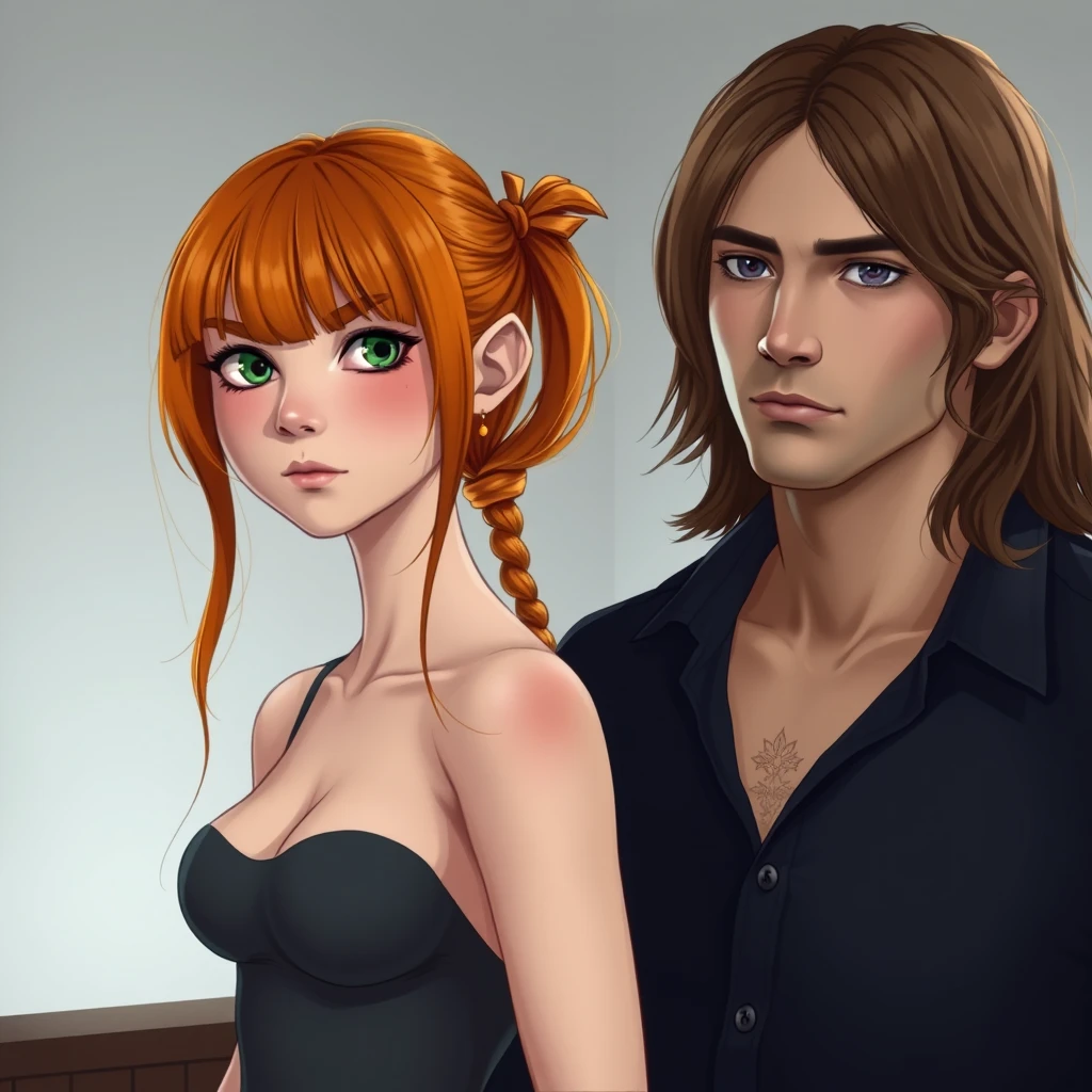 A short, skinny teenage girl with long ginger hair and bangs, green eyes, and big breasts, alongside a tall man with long brown hair and dark eyes. - Image