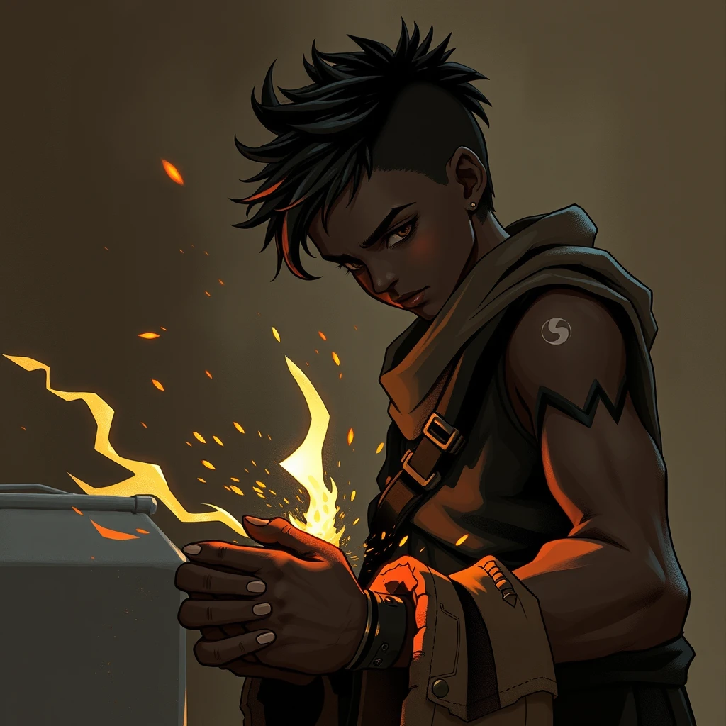 A 2D, Q-version boy with dark skin is forging metal. - Image