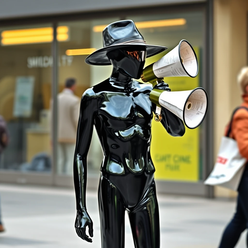 A figure stood there, skin smooth and metallic the color of an oil slick, with no nose or mouth on its face and missing eyes and ears. It would be mistaken for a mannequin if it weren't moving around and wearing a hat, wielding a megaphone made of paper at passersby. No face. No facial features. No mouth. No ears. No eyes. Smooth skin. Black rainbow colors like an oil slick.