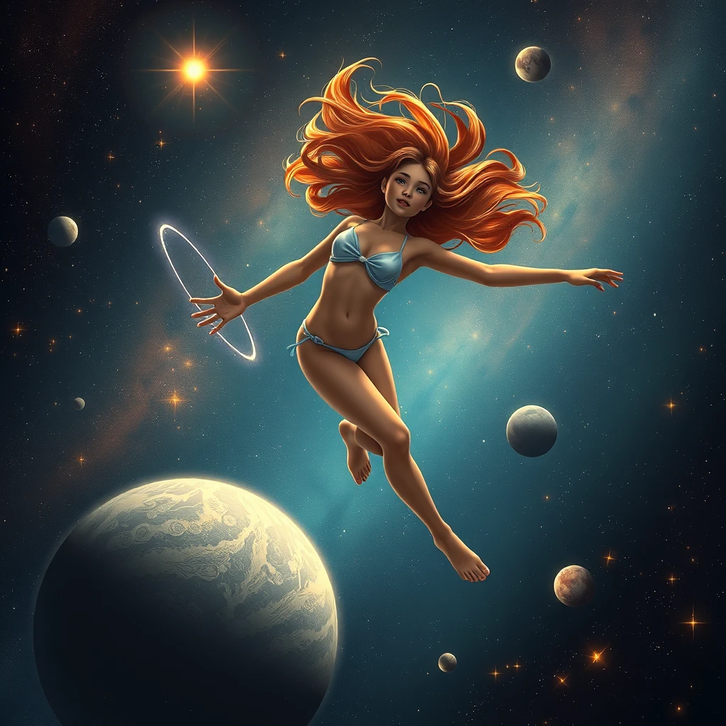 Girl in a bikini swimming in space, among stars and planets. Photorealistic. - Image