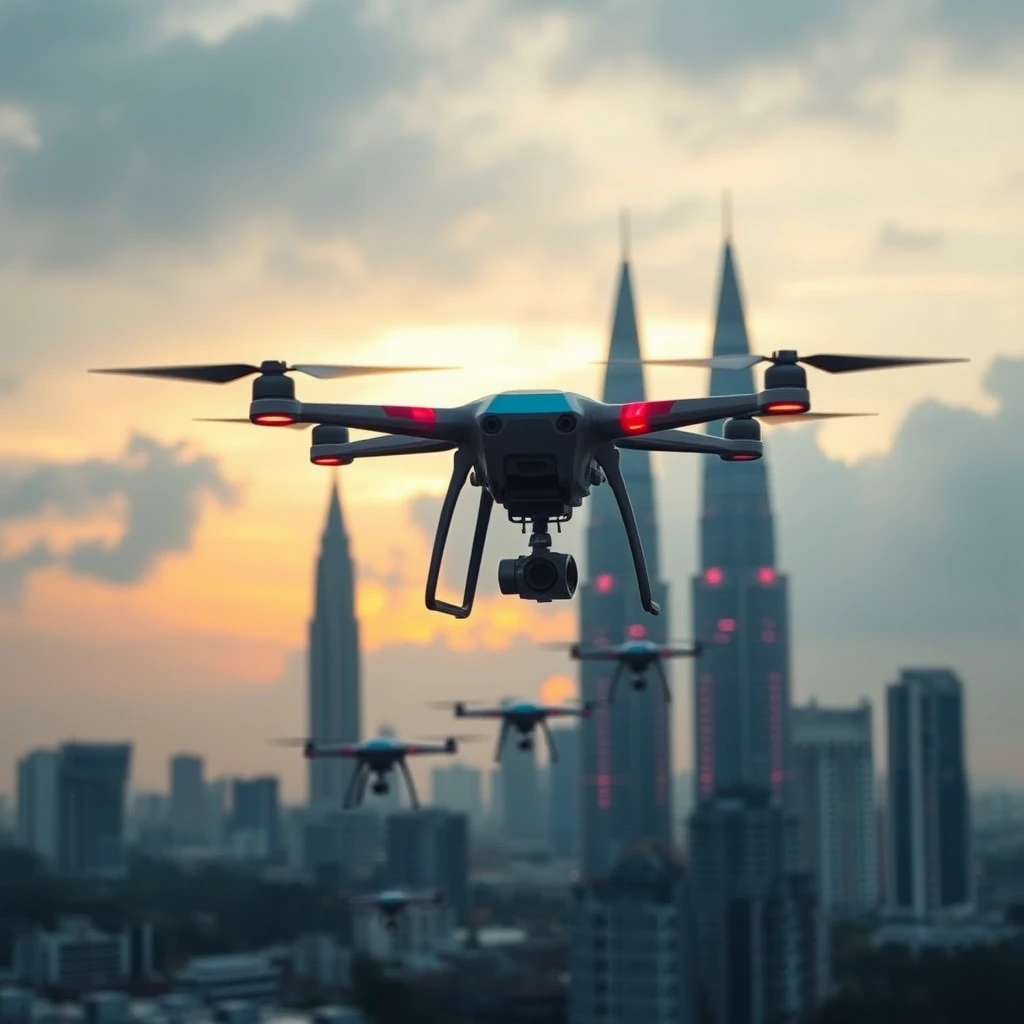 Image of cyberpunk style morning from Malaysia with swarm drones. - Image