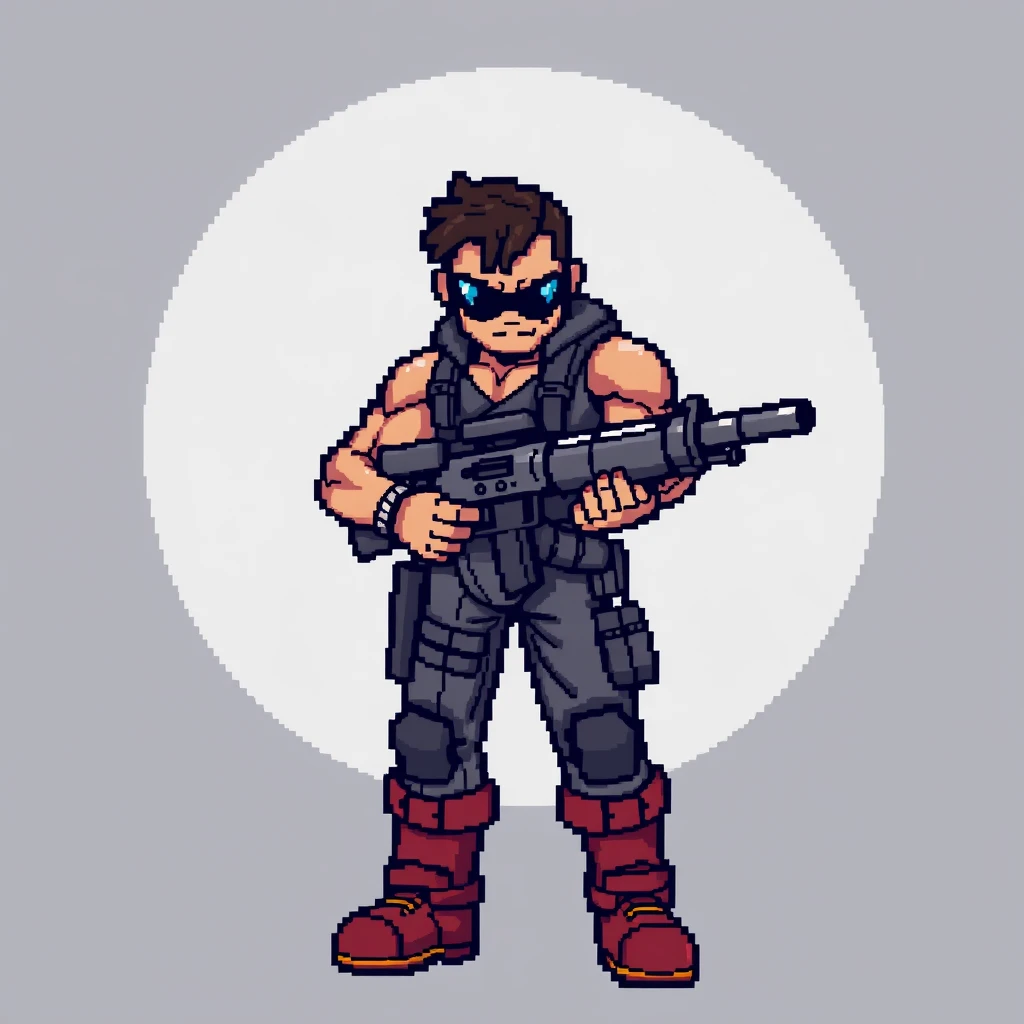 I love pixel art, draw me an action hero-like character with a machine gun in hand. I need a more muscular figure and on a transparent background.