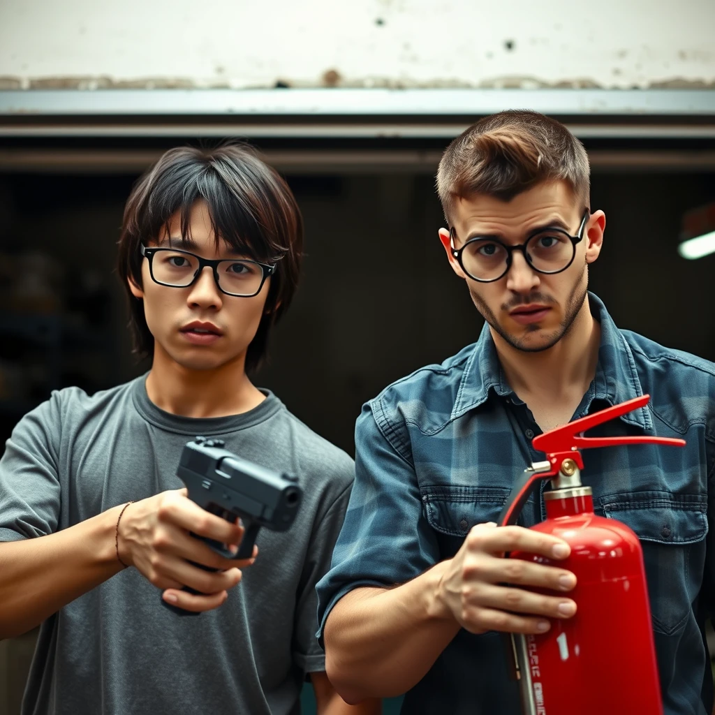 21-year-old white Chinese man with square glasses, shoulder-length hair, holding a pistol; 20-year-old white Italian man with round prescription glasses and short hair holding a very large fire extinguisher, in a garage setting, both angry, intent to kill.