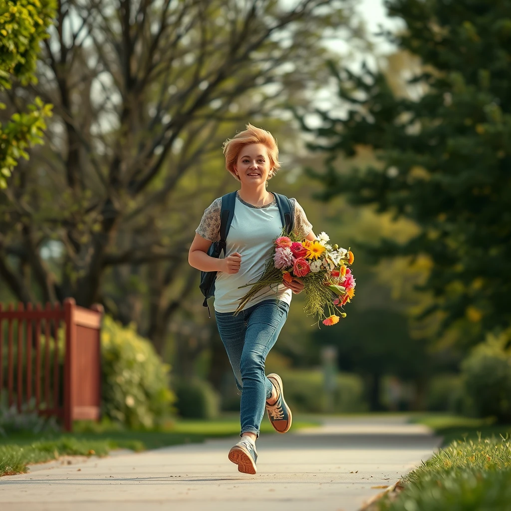 A teenager running with a bunch of flowers - Image