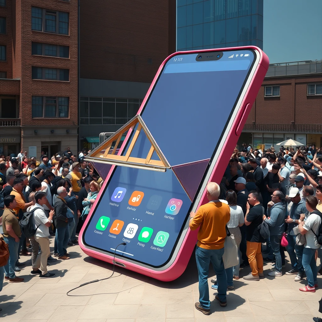 Realistic style: A gigantic mobile phone, as large as a house, draws a crowd of people queuing up to try lifting it.