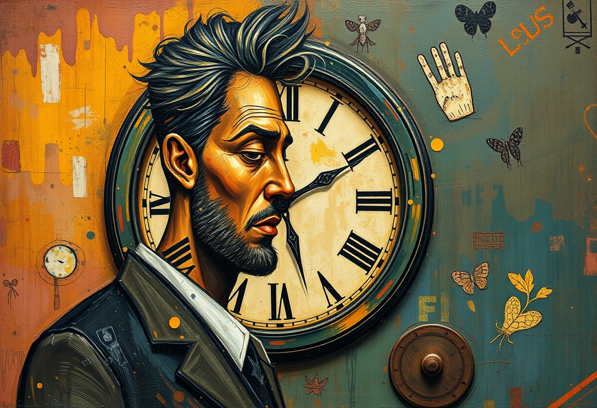 man and clock, dadaism artstyle, texture, paint strokes - Image