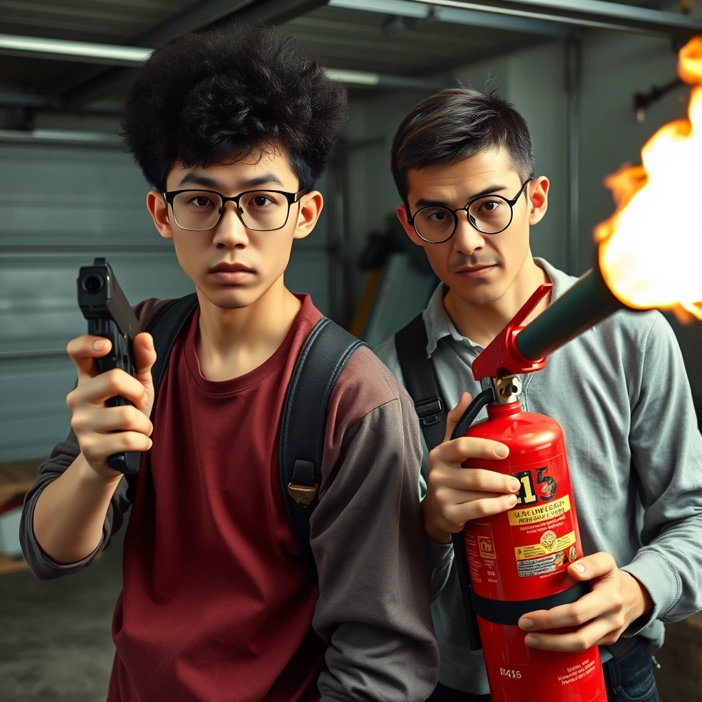 21-year-old white thin long-faced young northern Chinese man with a square chin, wearing square glasses, holding a pistol, afro; 21-year-old white Italian man wearing round glasses and short hair holding a very large fire extinguisher flamethrower; garage setting; both angry.