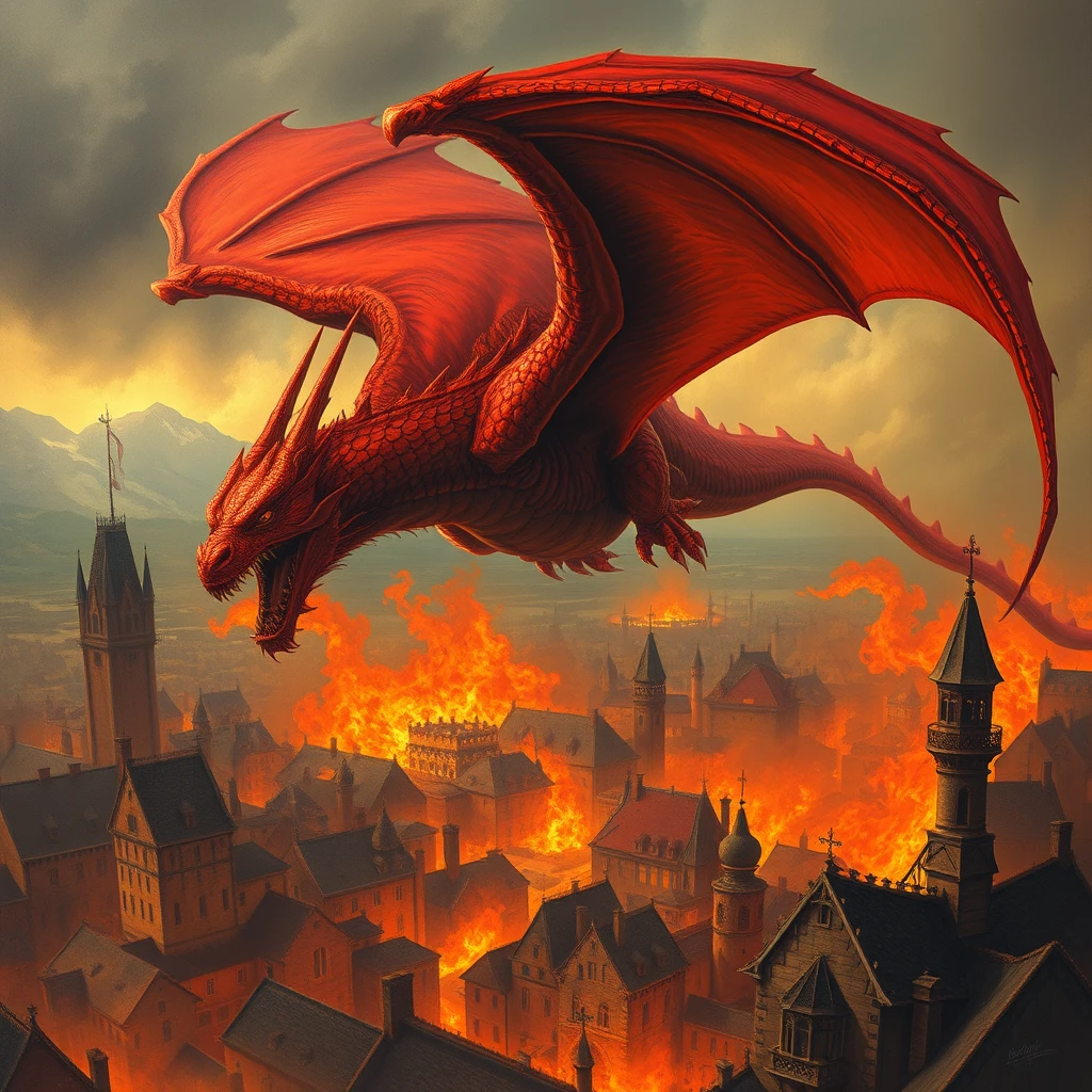 Large red dragon flying over a medieval city in flames. - Image