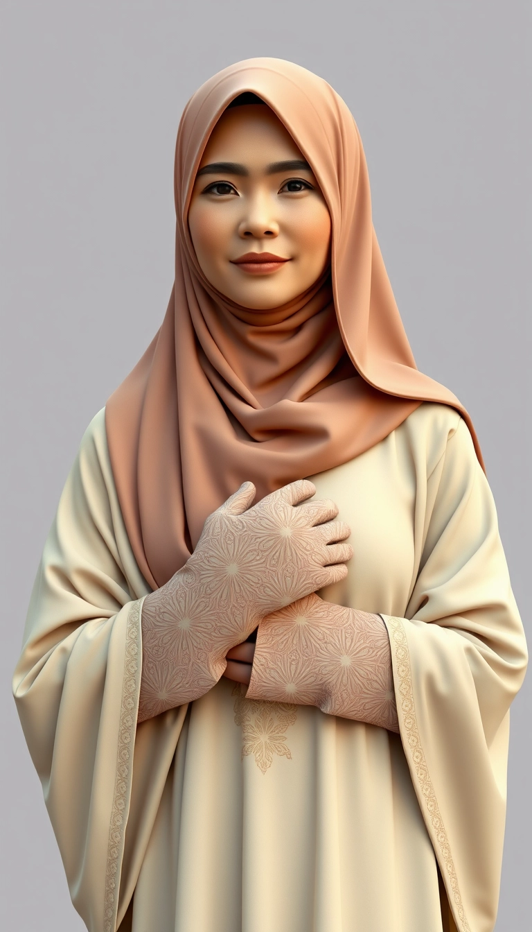 A 3D, 8k depiction of a Muslim woman from Palembang, wearing a traditional long songket and a long gown (gamis). She is adorned with a hijab that covers her chest and wears batik gloves covering her hands.