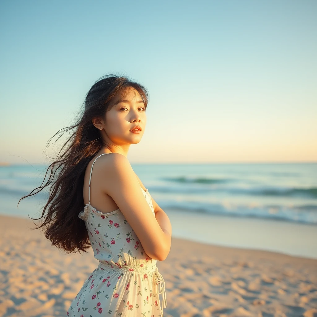 korean girl on the beach, full shot - Image