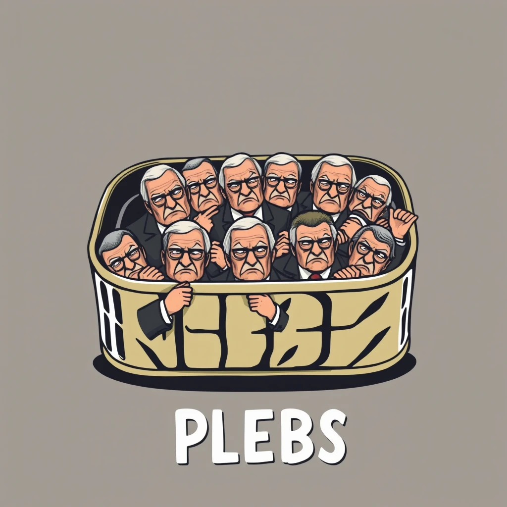 A playful tee shirt design of an open sardine can full of live rich old dudes packed shoulder to shoulder in business suits with scowls on their faces with the text "PLEBS" underneath as a tee shirt design.