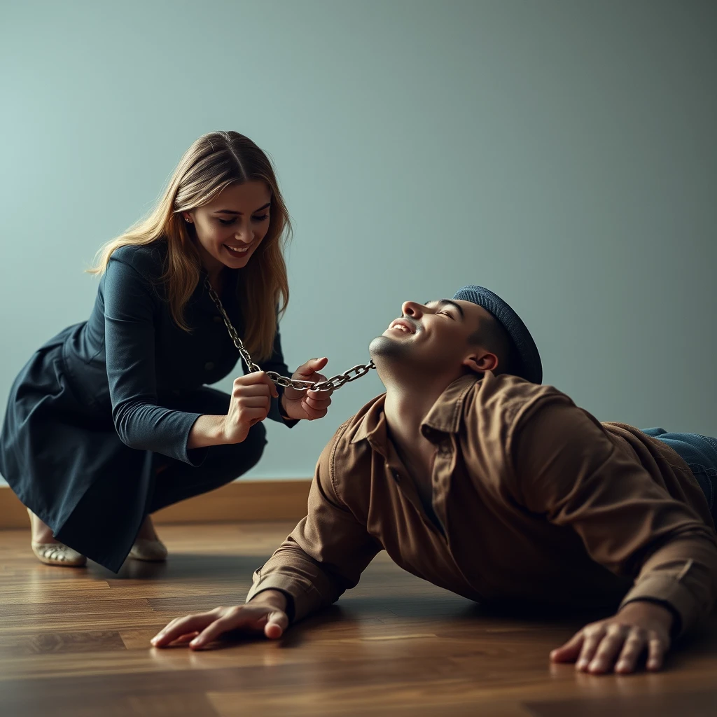 Can you generate an image of a woman holding a chain connected to a collar that a man is wearing while crawling on the floor? - Image