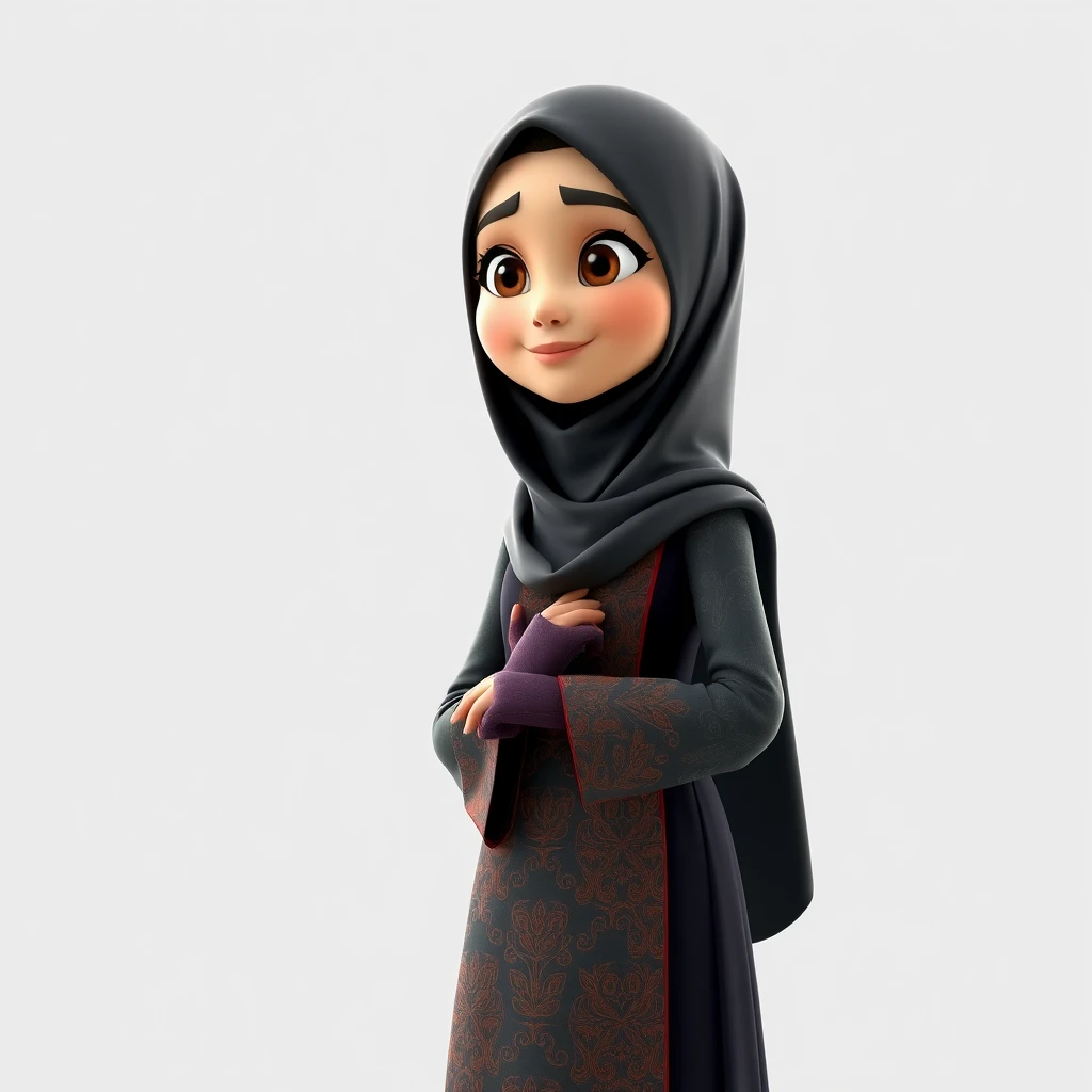 A 3D, 8k animated cartoon depiction of a Muslim woman from Palembang, wearing a traditional long songket and a long gown (gamis). She is adorned with a hijab that covers her chest and wears batik gloves covering her hands.