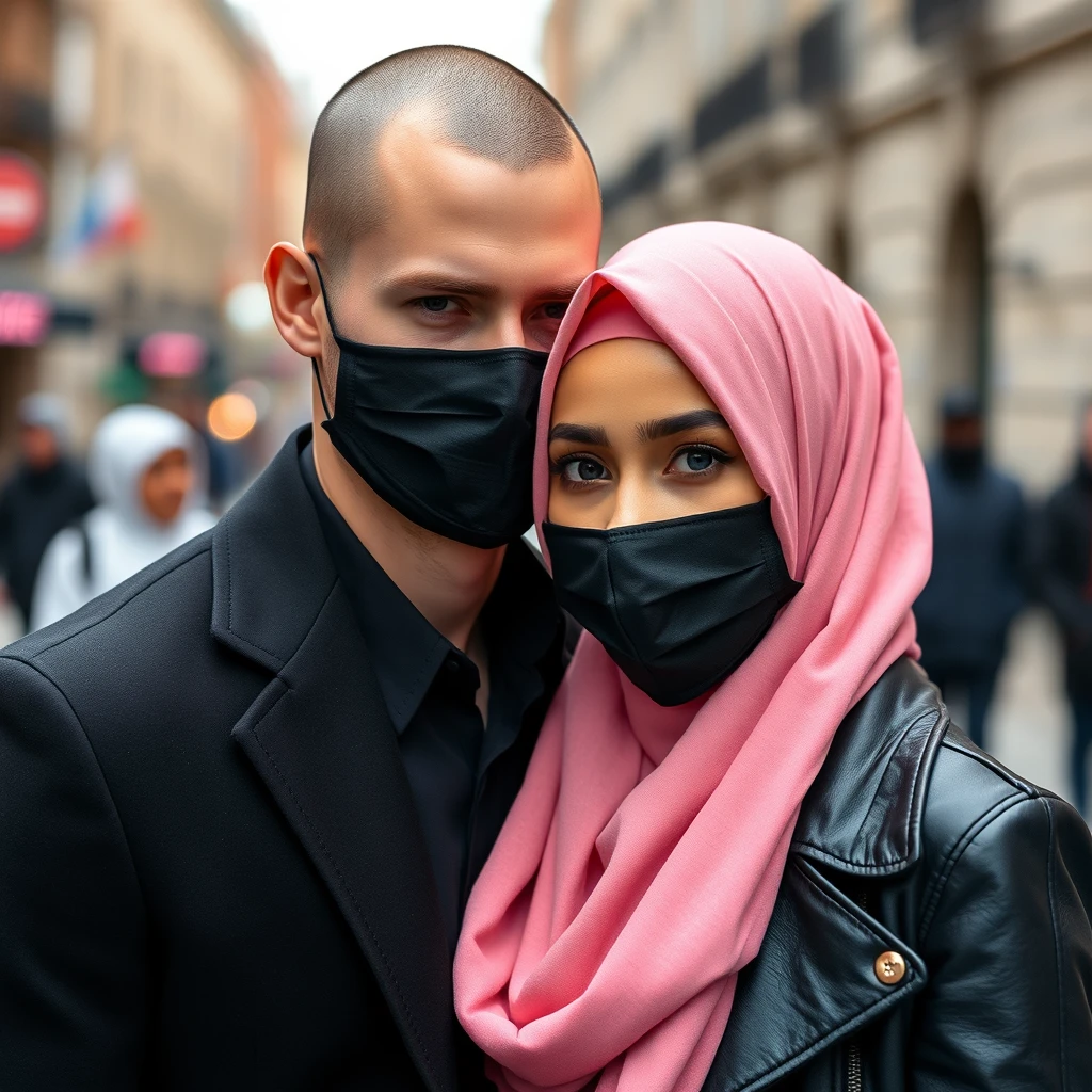 Jamie Dornan's head and body shot, handsome, young, shaved, face mask black, black coat suit, dating love with the biggest soft pink hijab girl, beautiful eyes, black leather jacket, face mask black, biggest floral skirt, hyper realistic, street photography.