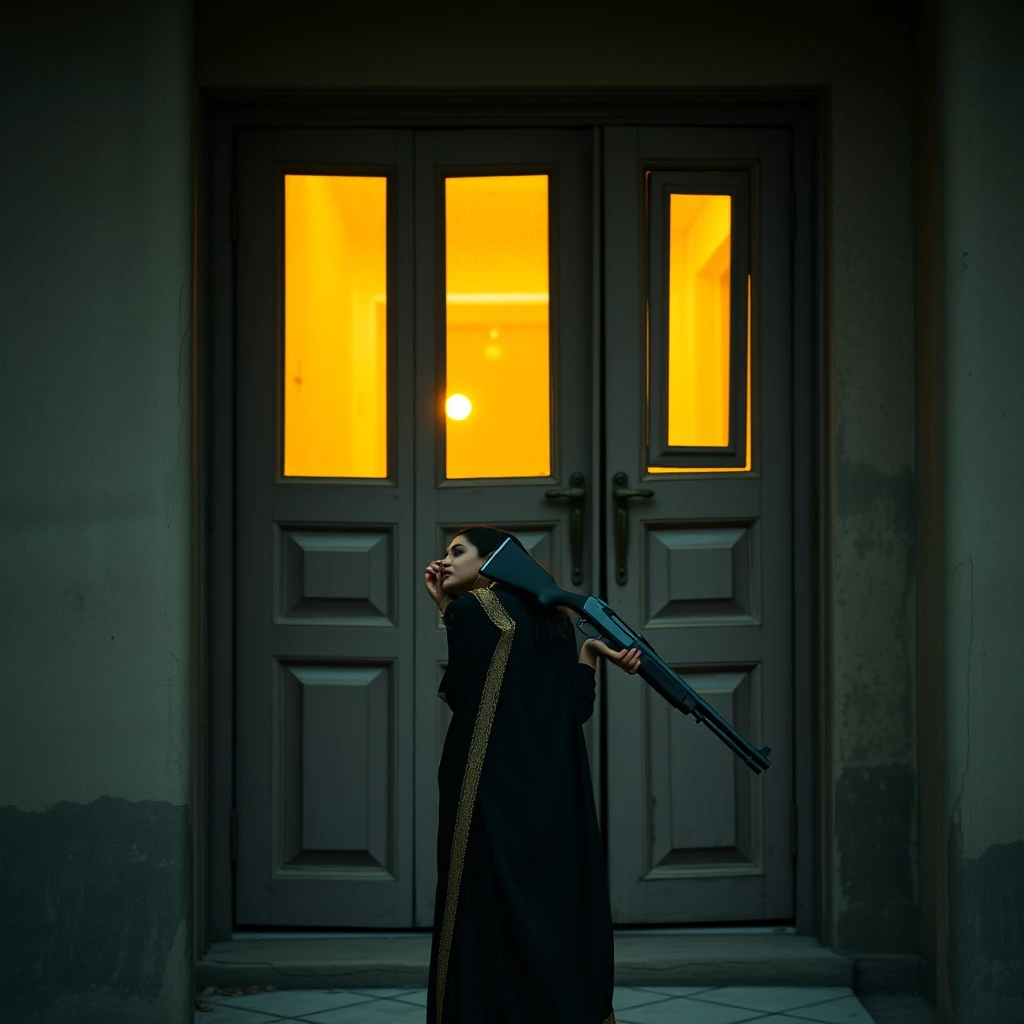 Woman dressed in black salwar kameez looking over her shoulder at the camera holding a shotgun standing in front of the door of a rundown hotel, windows illuminated from inside during golden hour in Dhaka, Bangladesh, 4K video.