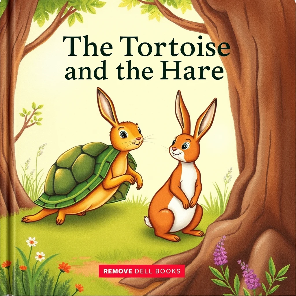 Create a background image of a book cover of a children's book "The Tortoise and the Hare." 

Remove any words (title, author, subtitles, etc.) on the image. - Image