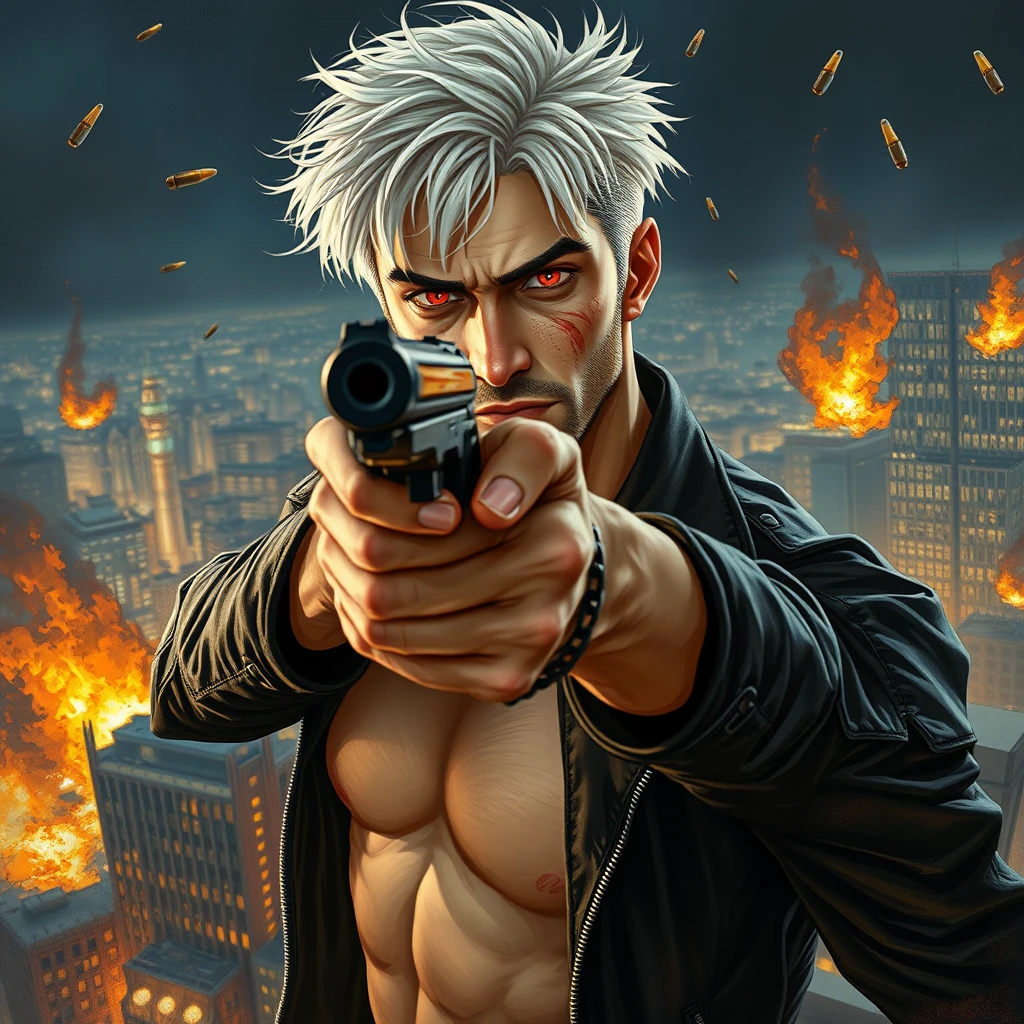 An adult male with a gun aimed at the camera, short white hair, red eyes, black leather jacket, muscular figure, playful gaze, city night scene, high altitude, flames, explosions, black series, scattered bullet shells, iron chains, messy hair, character facing the camera, upper body, movie level lighting, thick painting style, ultimate color application, oil painting texture, Van Gogh style, Impressionist style, delicate brushstrokes, unclear line drawings, brilliant colors, soft light and shadow, 2.5D, Van Gogh's works. - Image