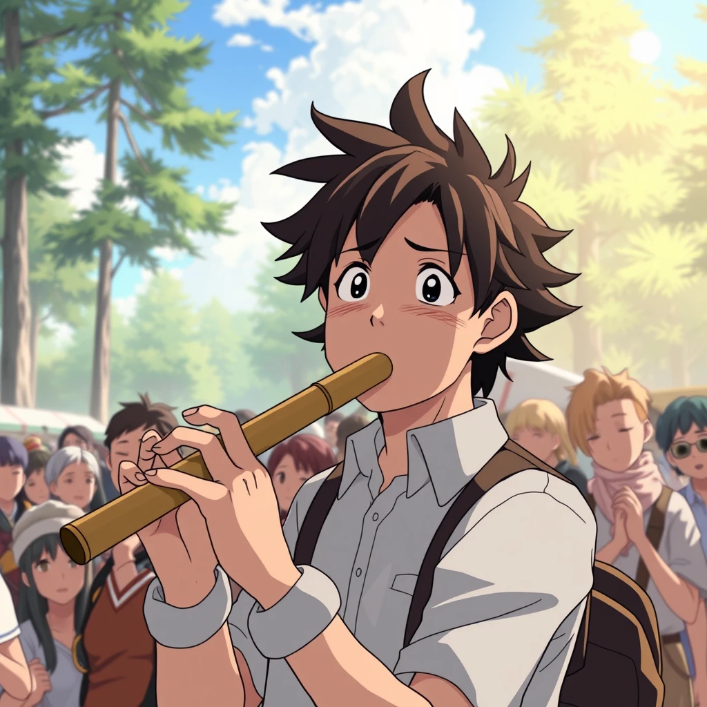 a comedic anime scene of a man named South Mr. blowing on a flute, but in reality he is not playing it, thinking to himself that with so many people playing together, as long as he pretends to play the sound effect, no one will notice, in a crowded outdoor setting with tall trees and a sunny sky, ((masterpiece)) - Image