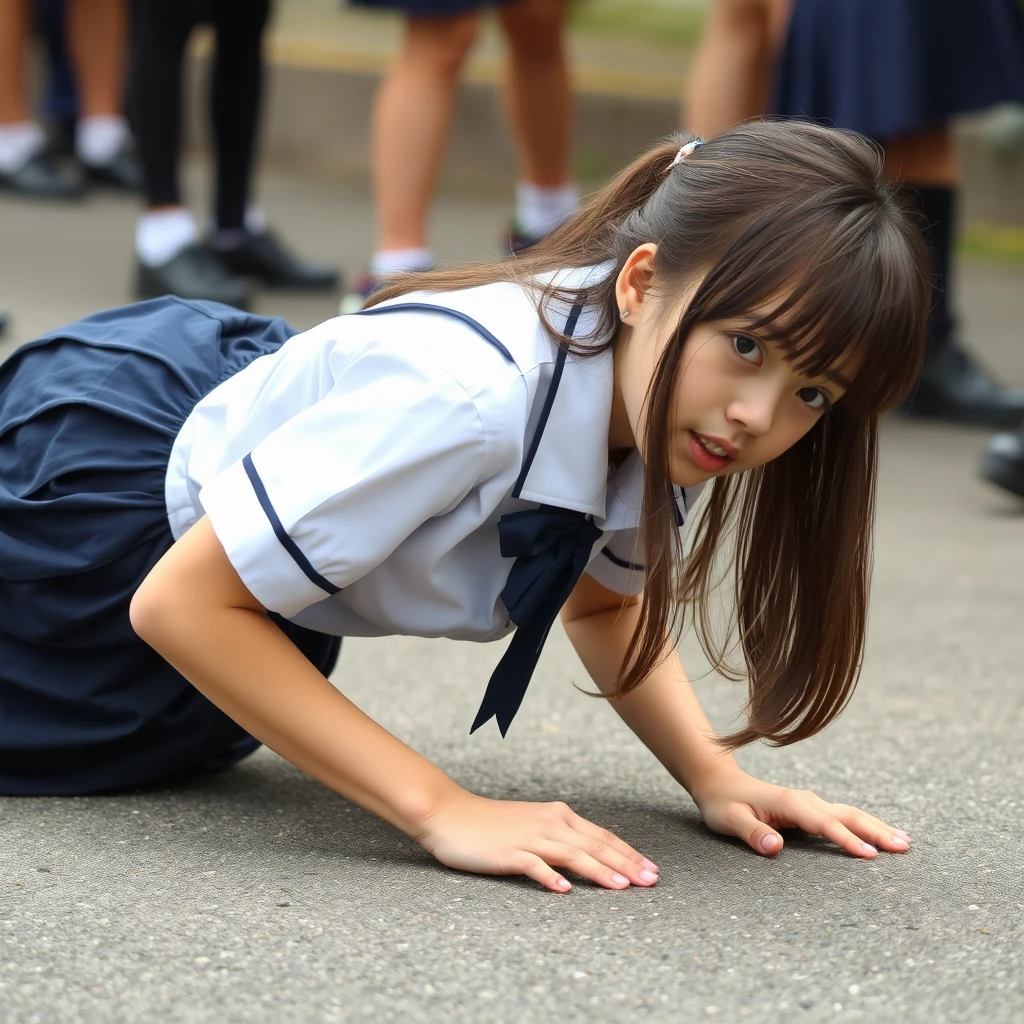 A female student in a school uniform skirt is crawling on the ground. - Image