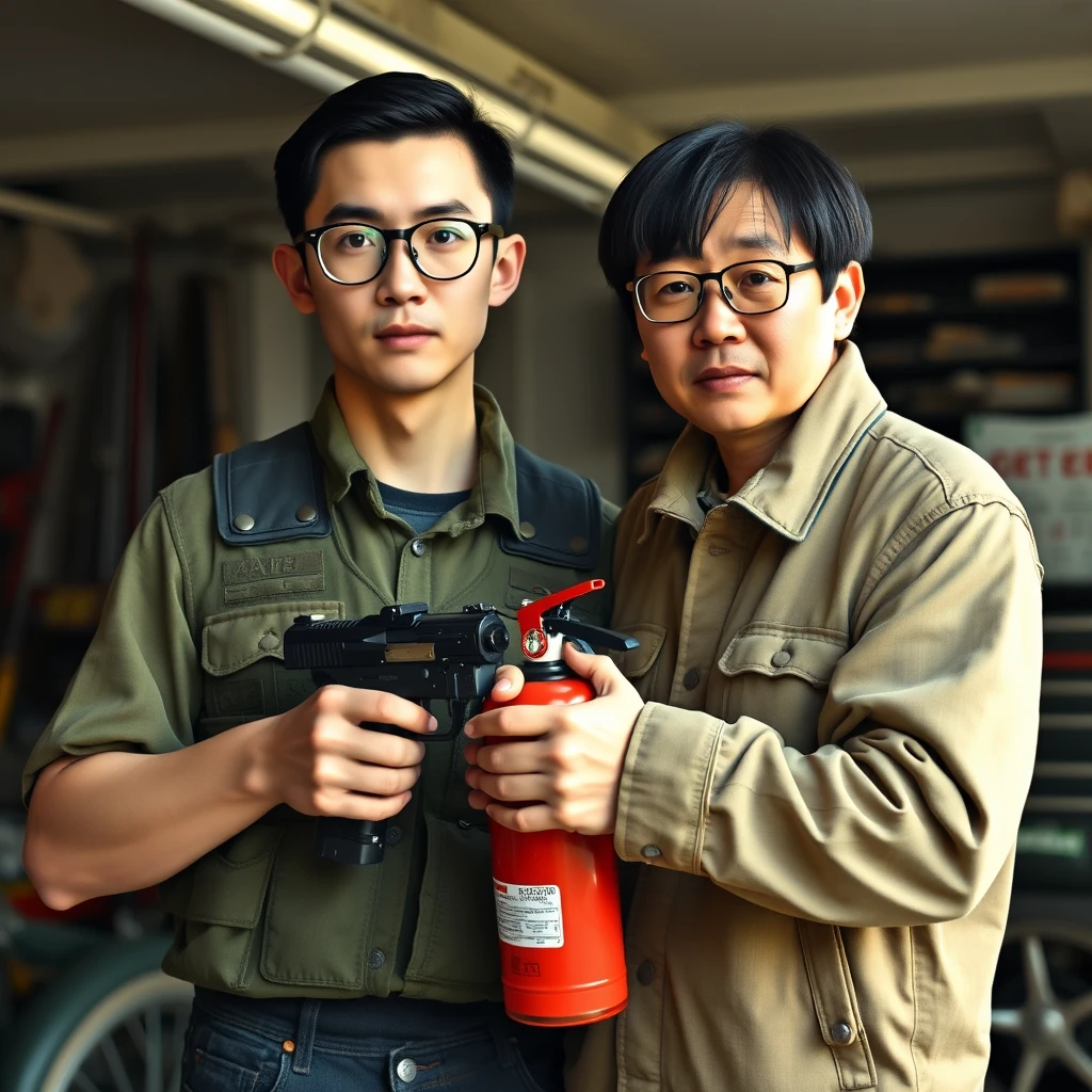 A two-person set featuring two men: one white man and one Northern Chinese man, together in a garage setting. Here are the details, and I want every single one with accuracy. 

The first man (the white man) has these features: he is 21 years old, thin, with very fair skin, round prescription glasses, and short black hair. He is wearing normal everyday clothes but with a military vest on top, and he is holding a very large fire extinguisher flamethrower.

The second man (the Northern Chinese man) has these features: a thin, long face, square prescription glasses, mid to long black hair with a fringe, and he is holding a pistol. - Image