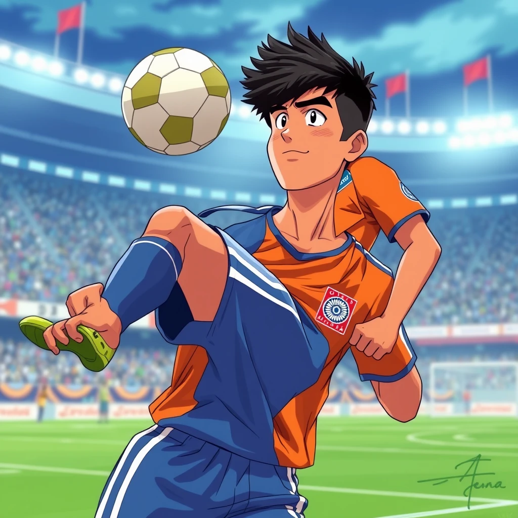 3. an Indian football player | Captain Tsubasa classic anime style | Orange and Blue uniform | carnival stadium background