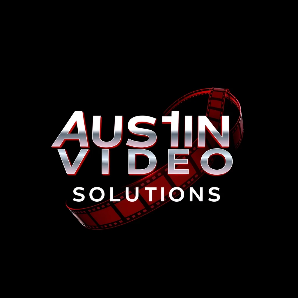 Create a compelling and visually appealing logo for "Austin Video Solutions" that is ideal for a header hero image. The design should feature "Austin Video Solutions" in a bold, modern sans-serif font, intertwined with a dynamic film reel-inspired motif that symbolizes digital video expertise. Emphasize a color palette dominated by rich, dark blacks and glossy, dark crimson reds for a bold and impactful look. Use bright white letters with realistic, futuristic metallic textures to highlight the cutting-edge and professional nature of the company. Integrate a flowing film strip that adds a sense of movement and connectivity, subtly guiding viewers towards video solutions. Set the design against a dark, gradient black background with crimson red accents, ensuring a cinematic, tech-savvy, and captivating aesthetic. The logo should perfectly represent a forward-thinking video editing company with a modern and professional appeal.