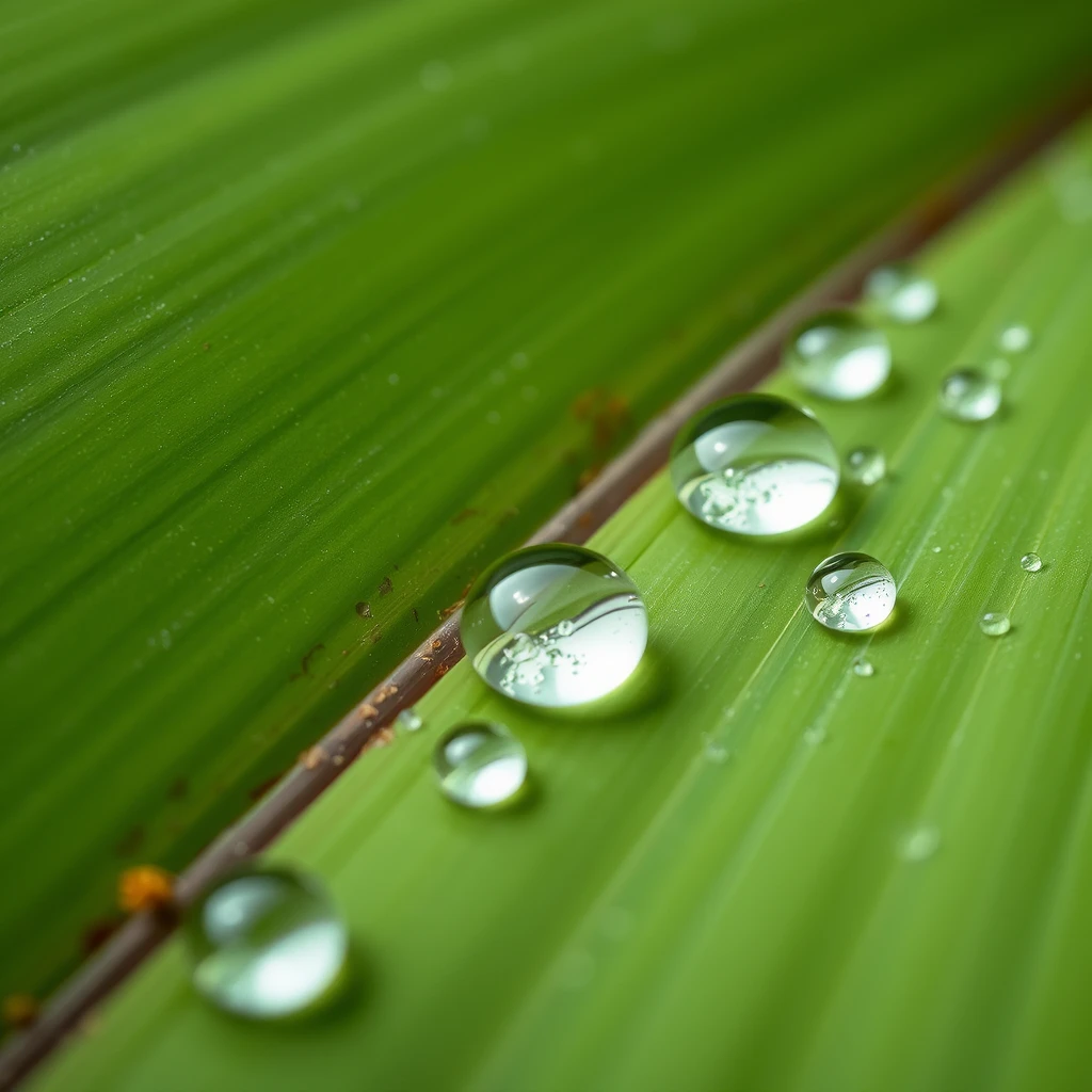 Water droplets on coconut leaf, macro photography, detailed, high resolution, professional