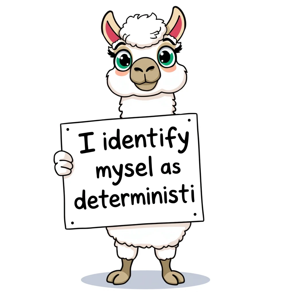 Cartoon llama holding a placard that says "I identify myself as deterministic", digital art style, vibrant colors, humorous expression, white fluffy llama with big eyes, placard held by hooves, clean lines, playful design, against a simple background.