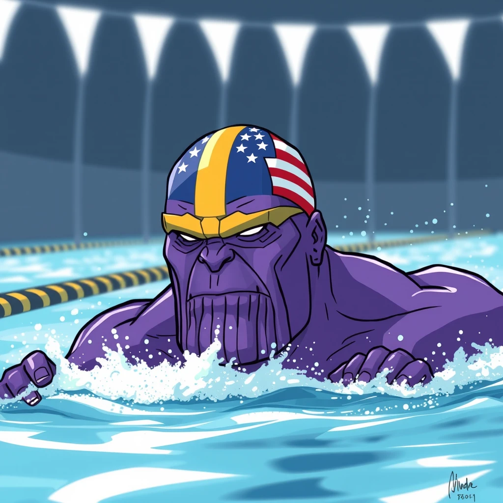 "A Thanos with only a purple face is swimming in a race, wearing a swimming cap with the American flag, in a realistic style, with hand movements illustrated."