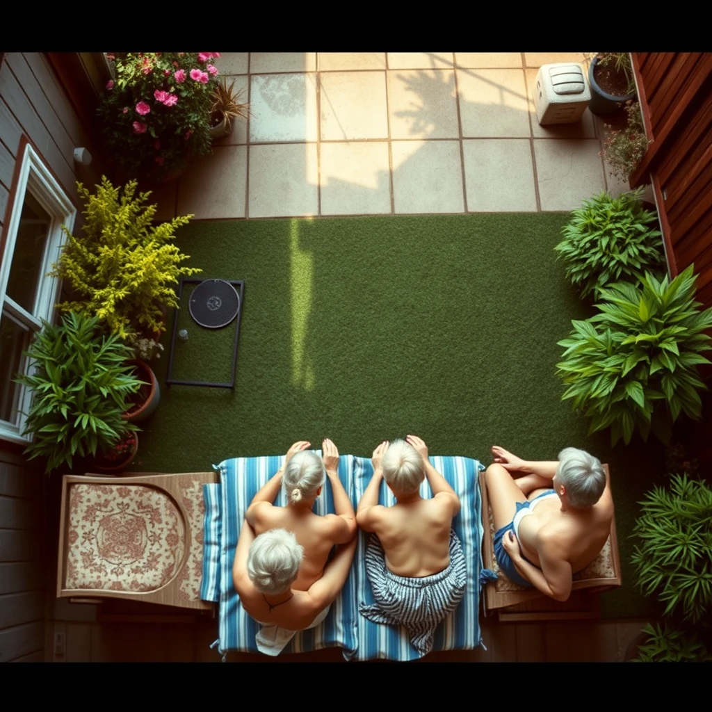 Older women tanning in backyard view from above. - Image