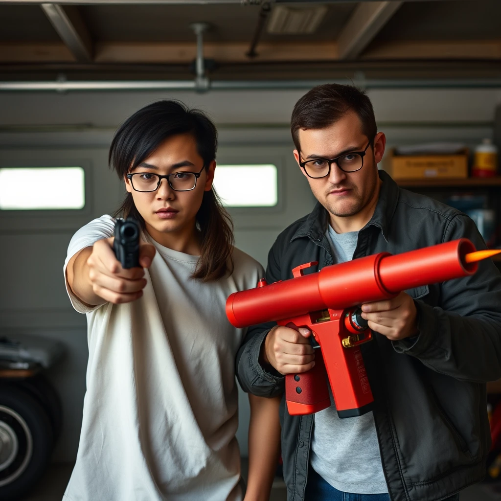 2 person setting, "21 year old white Chinese man wearing square glasses, mid/long black mullet hair, holding pistol"; "21 year old white European Italian man wearing round glasses, short hair, holding very large fire extinguisher flamethrower", garage setting, both angry.