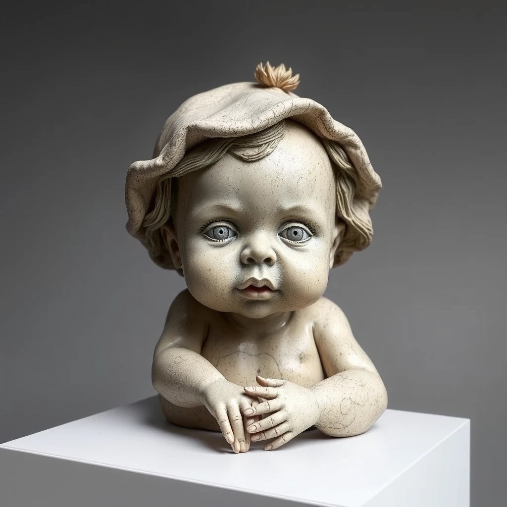 Sculpture of a baby girl in the style of Patricia Piccinini.