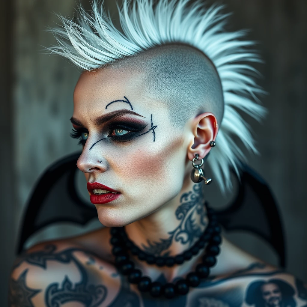 black demon woman, side shave, shaved head, white mohawk, nose rings, multiple earrings, extreme piercings, extreme tattoos - Image