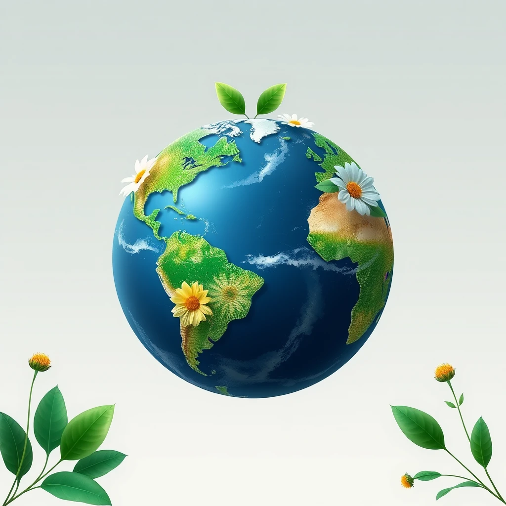 Generate a realistic main visual with a flower-themed Earth as the central focus, presenting green and eco-friendly elements in a simple style. - Image