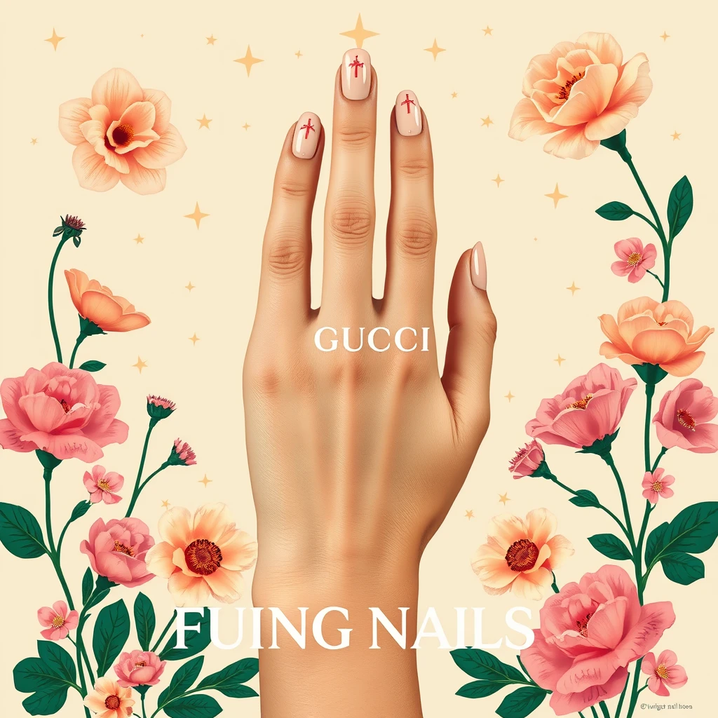 A hand with nude nail art, photographed in real life, surrounded by flowers and stars, poster design, Gucci poster design style, text information: FUING NAILS