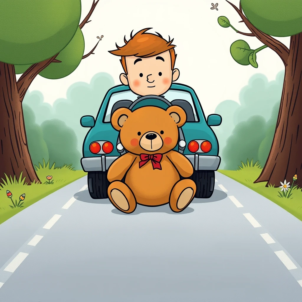 Cartoon father backing up his car over a teddy bear