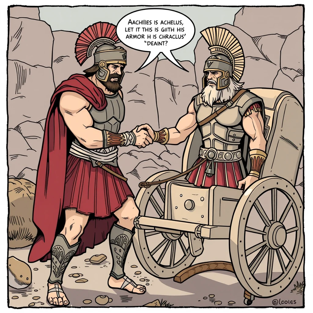 'Comic: Achilles gives Patroclus his armor and his chariot.'