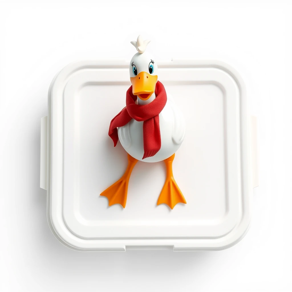 An anime goose action figure on the white plastic lunch box, light color plastic, white background, top view, product design, smooth surface, child-friendly, best quality, professional rendering, professional lighting.