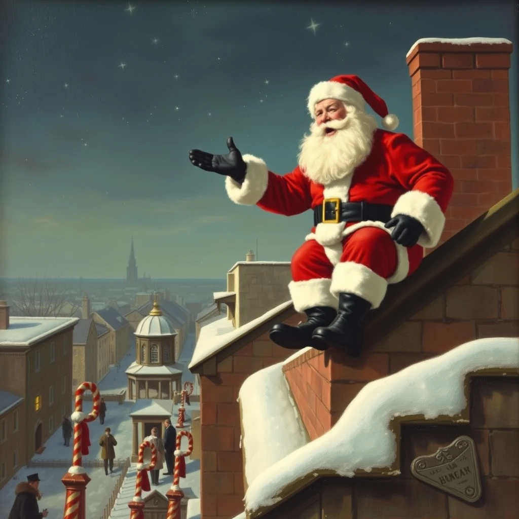 Santa is yelling at people in the street from high on a roof, a painting by Arthur Sarnoff 1952. - Image