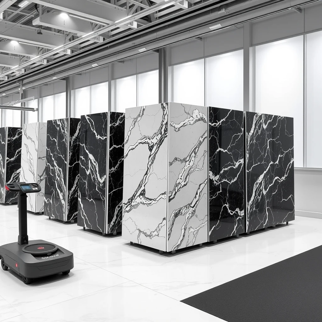 Smart, stylish automated display system that can hold large 4-meter-sized polished marble panels, allowing them to be transported to the display area using a combination of overhead rails and AGVs. Upon arrival, the panels automatically arrange into multiple sets of L-shaped bookmatch format, providing the best viewing experience in a professional and cheerful setting.